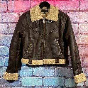 Forever 21 Women’s Small Faux Leather Sherpa Aviator Jacket Brown Moto Coat